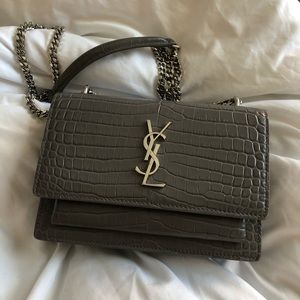 YSL Sunset Chain Wallet Croc Leather (Fog)